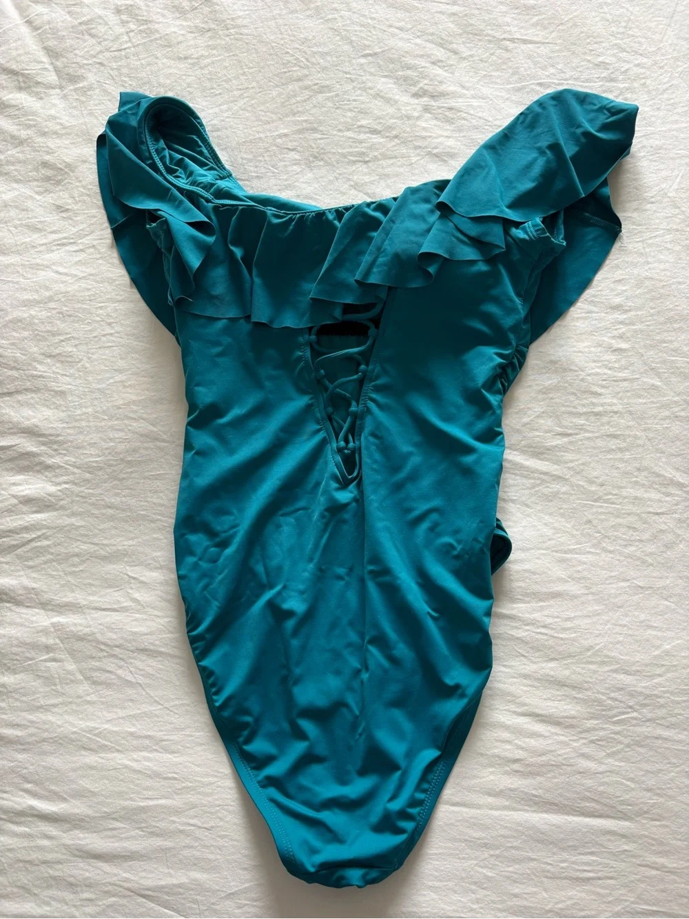 La Blanca Off The Shoulder Ruffle One Piece Swimsuit Teal Ruched Corset Back 8 - Picture 5 of 8